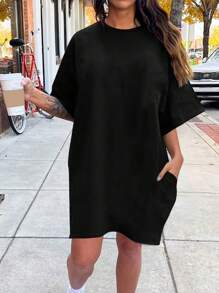SHEIN Unity 女裝時尚休閒純色T恤連衣裙，附袋款 - 黑色 - 查看 1