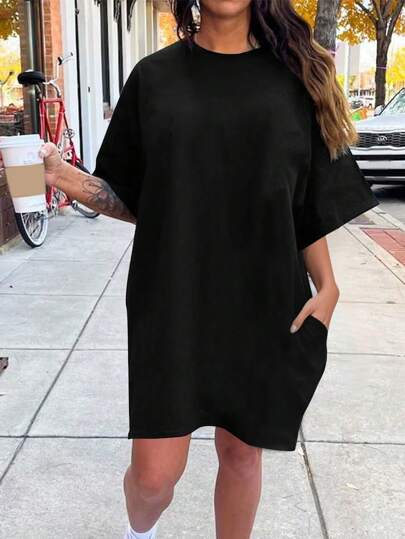 SHEIN Unity Women's Fashionable Casual Solid Color Casual T-Shirt Dress With Pockets