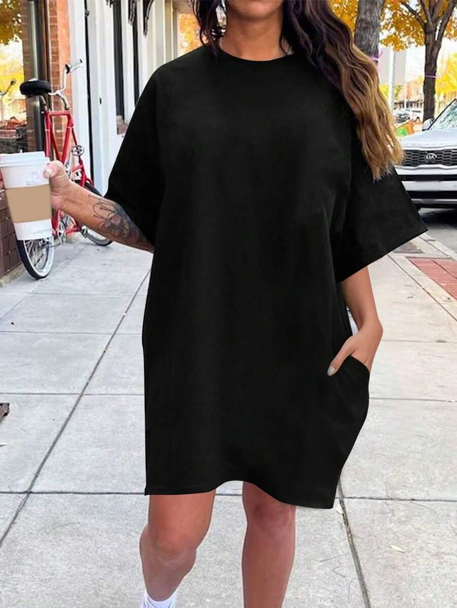 SHEIN Unity 女裝時尚休閒純色T恤連衣裙，附袋款 - 黑色 - 查看 1