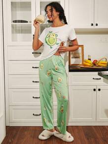Cartoon Graphic Tee & Pants PJ Set / Pajama Set - Multicolor - View 4