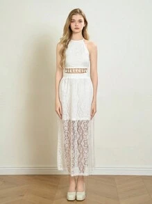 SHEIN Teen Girl Halter Lace Top And Mesh Skirt Summer 2-Piece Set - White - View 2