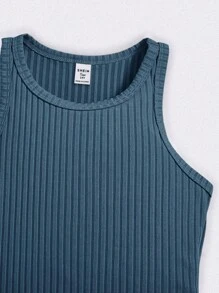 SHEIN 3pcs/Set Teen Girl Solid Color Knit Round Neck Sleeveless Fitted Casual Versatile Dress Set, School, Campus, College - Blue - View 4