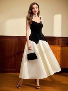 Vintamour Váy dự tiệc chữ A xếp nếp bằng vải nhung và satin màu tương phản cổ điển cho nữ Váy dự tiệc trang trọng Quần áo Giáng sinh Ngày lễ tình nhân Ngày lễ tình nhân Váy dự tiệc ngày lễ tình nhân - Nhiều màu - Xem 7