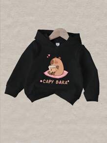 1 pieza Sudadera con estampado de un lindo capibara bebiendo té de burbujas para niño pequeño - Negro - Ver 2