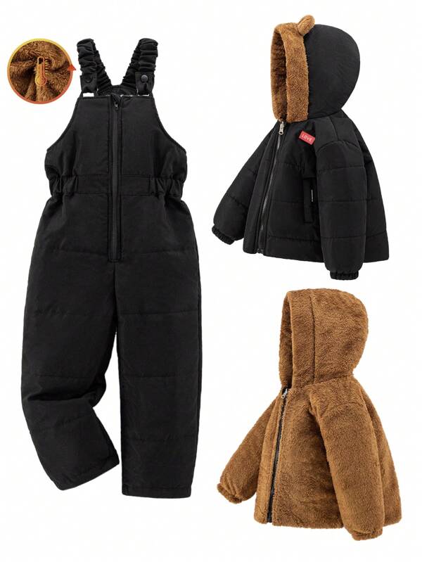 Kleine Jungen 2-teiliger wattierter Mantel und Overall, mit 3D-Bärenohr-Design, Wendejacke, modisch und vielseitig, geeignet für lässige Ausflüge im Herbst/Winter