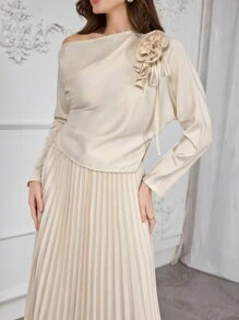 Modelyn 2pcs Women Floral Decoration Simple Long Sleeve Top And Skirt Set 2 Pieces Set