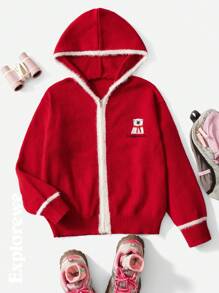 SHEIN 都市休闲风格女孩开衫毛衣，熊刺绣连帽长袖，适合秋冬季户外、学校、派对等场合 - 紅色 - 查看 7