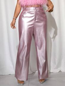 SHEIN ICON Calça Flare com Bolso em Formato de Coração em Couro PU Rosa Plus Size, Encontro no Dia dos Namorados, Calça Flare com Bolso em Formato de Coração - Rosa chiclete - Visão 3