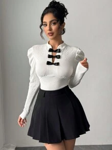 SHEIN Privé 女士优雅简约浪漫精致时尚约会/通勤编织刺绣蝴蝶结立领插肩袖拼色白色修身衬衫，适合秋季、冬季、春季情人节