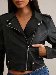Siren Gaze Lapel Neck Zip Up PU Leather Jacket In Fall/Winter Black Casual - Black - View 6