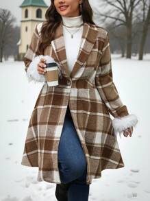 SHEIN Clasi Plus Size Women Black & White Striped Flared Hem Furry Sleeve Elegant Party Jacket - Brown - View 3