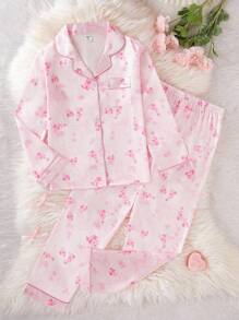 女孩圣诞快乐 2 件套睡衣套装，简约粉色美丽花卉印花长裤和长袖开衫，适合青少年的舒适休闲家居服 - 粉色 - 查看 3