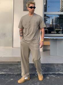 DAZY Men's Letter Embossed Print T-Shirt And Pants Set - Grey - View 5