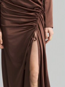 Ontre Women's Extra Long Dress With Slit And Pleating, Elegant Design - Brown - View 7