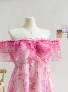 Soleia 1pc Plus Size Women's Holiday/Valentine's Day Ruffle Pink Rose Print Organza A-Line Dress With Ruffle Trim - Multicolor - View 8