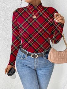 SHEIN Essnce Casual Minimalistic Full Red Plaid Print Plus Size High Neck T-Shirt - Multicolor - View 4