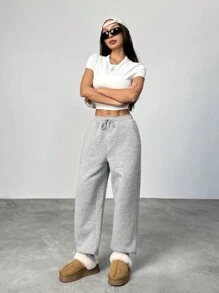 SHEIN EZwear Quần dài vải nỉ ấm áp đi chơi thường ngày cho nữ - Xám - Xem 5