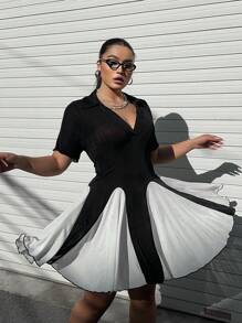 Flirla Vestido casual de cambio de bloque de color de línea A de talla grande para el verano - Negro - Ver 4