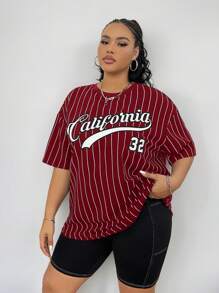 Coolane Plus Size Round Neck Short Sleeve Letter & Striped Print Casual Top, For Summer