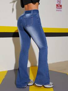 SHEIN ICON Jeans de mezclilla con cinturón, bolsillos, efecto desgastado y corte acampanado, de uso casual y versátil para mujeres - Azul lavado oscuro - Ver 5