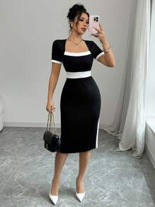 Elenzga Vestido ceñido de mujer con cuello cuadrado elegante, bloque de color y mangas cortas - Negro - Ver 3