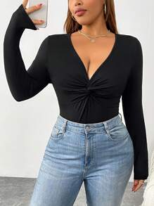 SHEIN Essnce 大码女式紧身裤，黑色，女式紧身衣长袖，黑色长袖长袖女式 - 黑色 - 查看 4