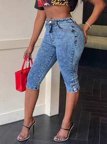 Solid Color Stretchy Sexy Skinny Capris With Button Split Hem - Rửa trung bình - Xem 1