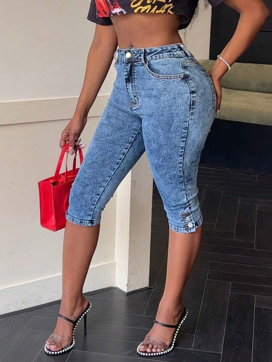 Solid Color Stretchy Sexy Skinny Capris With Button Split Hem - Rửa trung bình - Xem 1