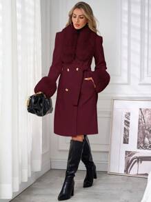 Lavishia 女式纯色前扣口袋毛茸茸装饰简约长袖秋冬大衣 - 酒紅色 - 查看 7