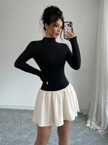 Selianne Women's Elegant Color Block Ruffle Hem Stand Collar Short Dress, Spring/Autumn Fall Cloth For Women - Black - View 7