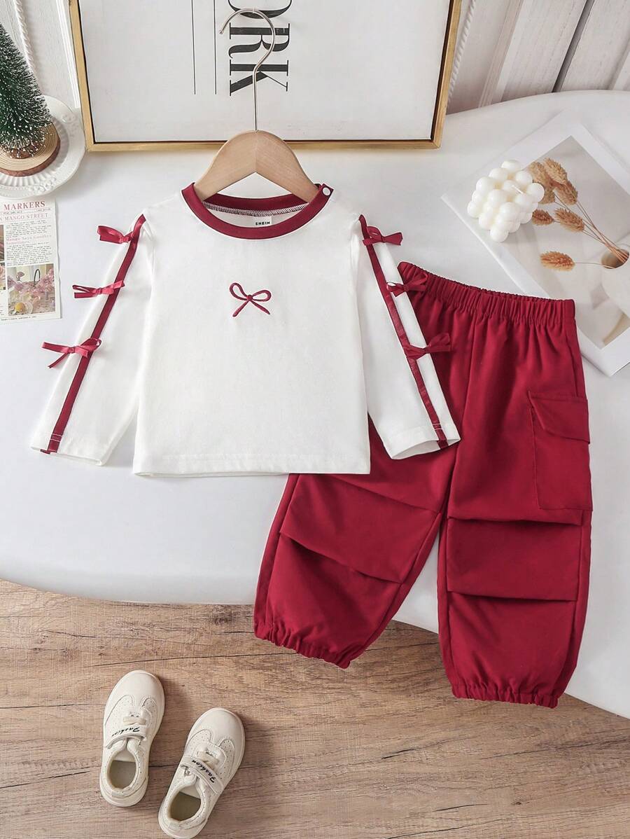 SHEIN 2 件套女婴春装，时尚蝴蝶结长袖上衣 + 休闲工装裤，2025 年新款设计