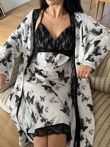 DAZY Conjunto de camisola y bata de dormir con encaje de contraste, estampado de mariposa - Blanco y Negro - Ver 6