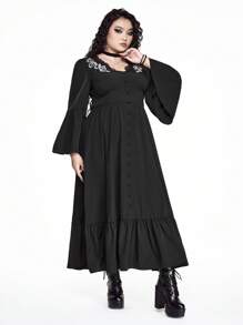 ROMWE Goth 女式深 V 领撞色蕾丝蛇皮印花刺绣喇叭袖连衣裙