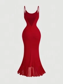 SHEIN MOD Robe élégante à volants rouges pour femmes, tenues d'été pour femmes, tenues de vacances pour femmes, tenues de Nouvel An pour femmes, robe de soirée, robes rouges élégantes et classiques, robe dos nu, robe d'anniversaire sexy, Saint-Valentin, tenues de croisière pour femmes - Rouge - Voir 3