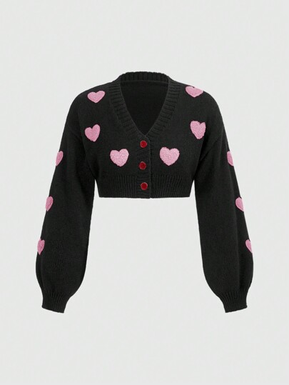 Kawaii Women Heart Pattern Dropped Shoulder Long Sleeve Single Breasted Casual Cardigan, Autumn/Winter