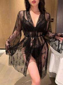 DAZY Sexy Bowknot Polka Dot Semi-Sheer Lace Robe Pajama - Black - View 5