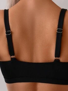 SHEIN Swim Women's Solid Color Wide Strap Hollow Simple Bikini Top Summer - Black - View 5