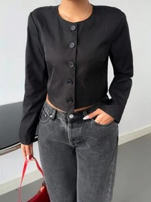 SHEIN EZwear Ladies Suit-Style Short Jacket, Solid Color Long Sleeve - Black - View 3