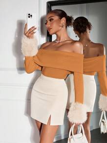 SHEIN SXY Jesienne ubrania damskie; Damskie wiosenne jesienne jednolite kolory patchworkowe futrzane mankiety odkryte ramiona dopasowane modne bluzki wyjściowe dla kobiet, elegancki strój na codzienne randki, klubowanie, imprezy i wydarzenia noworoczne; Noworoczny strój damski