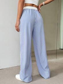 Flirla Pantalones rectos casuales de mujer a rayas azules y blancas - Azul - Ver 2