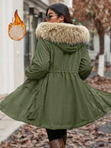 Calvaya Plus Size Women Casual Patchwork Fluffy Hooded Cinched Waist Long Padded Parka Padded Coat, Autumn/Winter