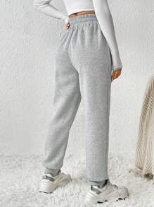 SHEIN PETITE CURVE Plus Size Women Solid Color Elastic Waist Drawstring Casual Sweatpants - Light Grey - View 2