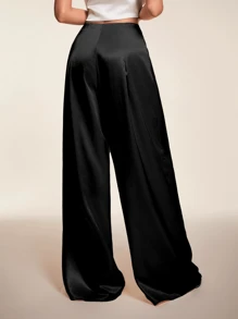Glamine Women's Satin Wide Leg Pants, Shiny & Comfortable, Versatile, Black Wide Leg Parts, Black High Waisted Parts Fall Cloth For Women
