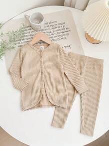 SHEIN Babygirl Cute Casual Solid Color Long Sleeve Top And Elastic Waist Pants 2pcs Set