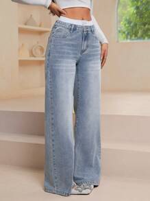 SHEIN Essnce 女式休闲复古双腰带直筒阔腿牛仔裤