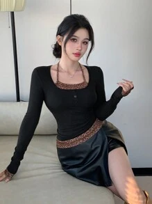 DAZY Women Leopard Print Halter Splicing Long Sleeve T-Shirt - Black - View 4