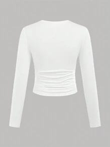 SHEIN Girlism 4pcs/Set Girls Solid & Striped Crew Neck Ruched Waist Long Sleeve Tight Fit Tops, Combo Set (Black, White, Gray) - Multicolor - View 13