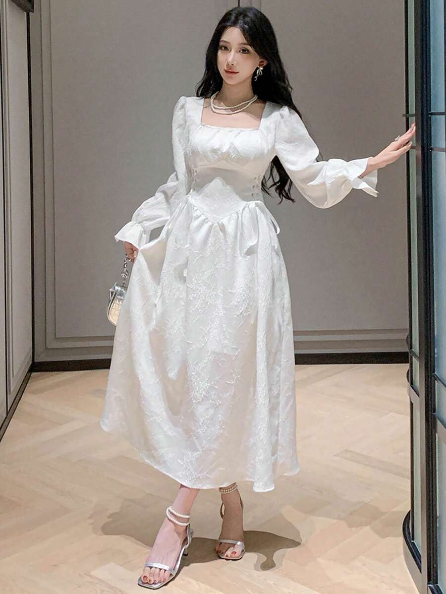 DAZY Women's Elegant Long Dress, Suitable For Party/Banquet, Spring/Fall Prom Dress,Ruffle Long Sleeve Dress - White - View 1