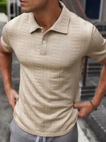 Manfinity Homme Men's Casual Solid Color Textured Jacquard Polo Shirt - Khaki - View 4