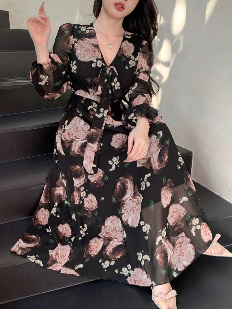 Autumn New Floral Print V-Neck Lantern Sleeve Elegant Long Dress For Women Maxi Dress